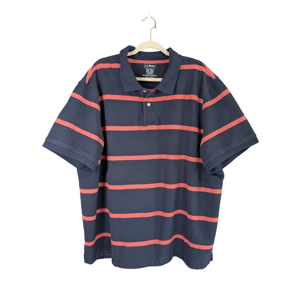 LL Bean Polo‎ Shirt Mens 3XL Blue Coral Striped Traditional Fit